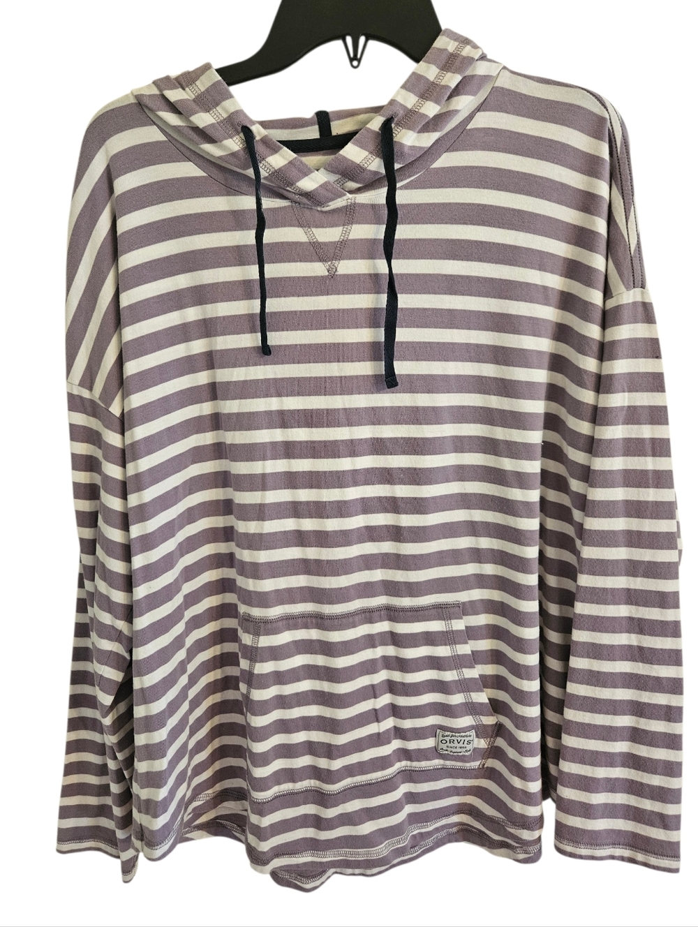 Orvis Perfect Tee Striped Hooded Tee Lavender Sz XL Cotton Moda